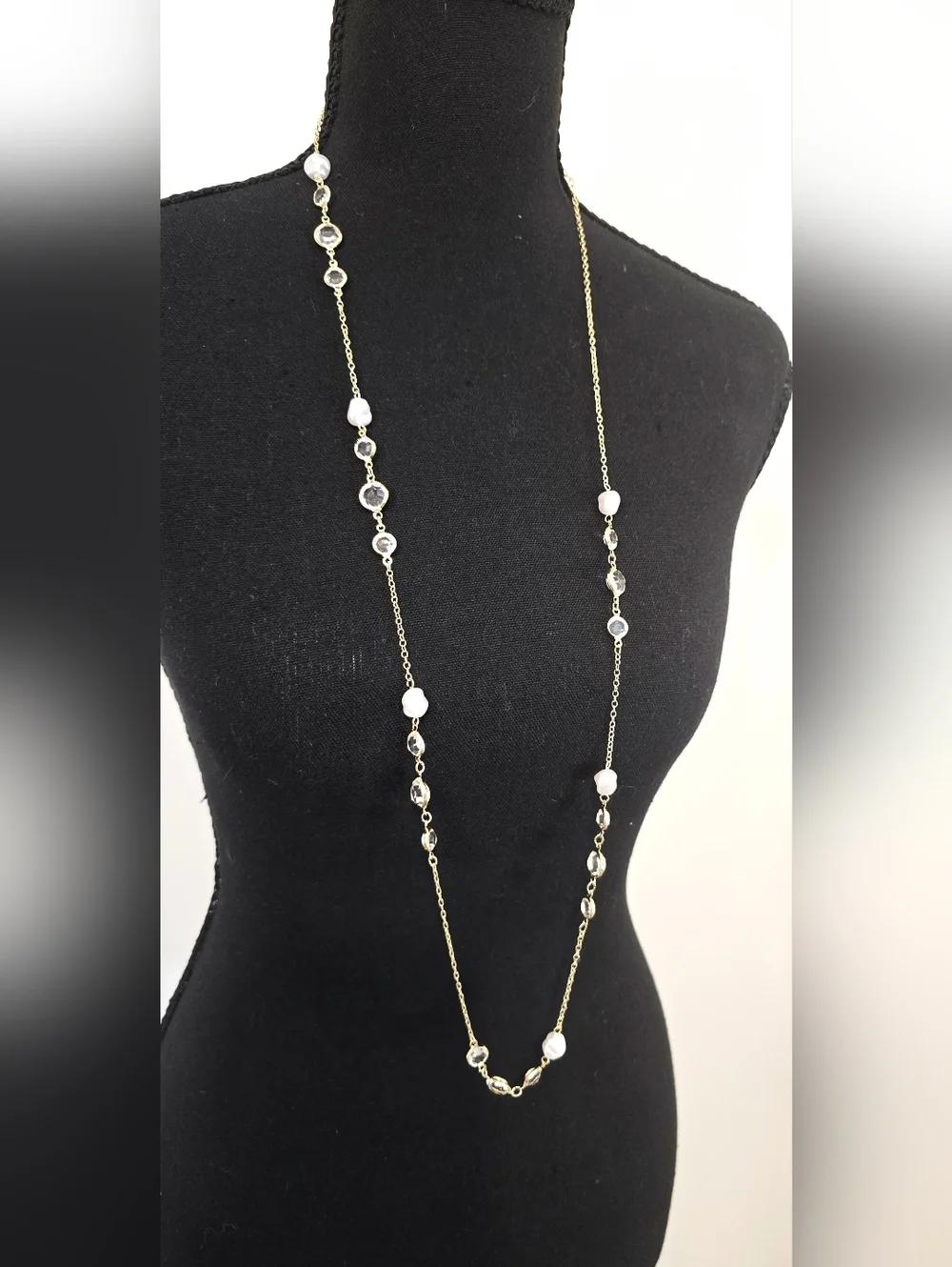Gold Pearl Crystal Necklace Long Layered Chain Beaded Dainty Feminine Career